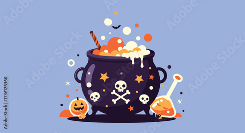 A spooky cauldron bubbles with potion on Halloween night.
