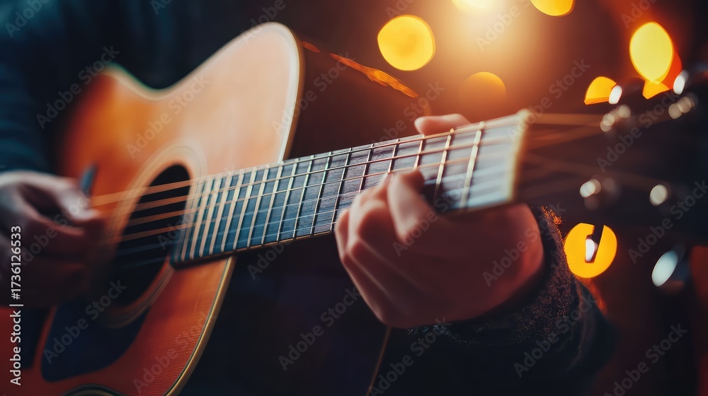 Fototapeta premium Musician playing acoustic guitar during intimate performance