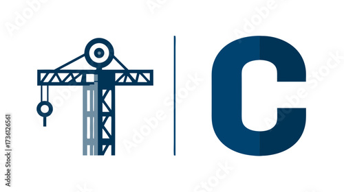 Modern construction crane icon next to initial C, symbolizing building development, engineering, and industrial progress.