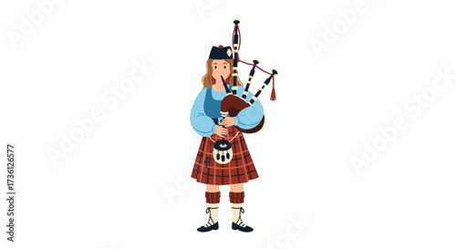 A woman in a Scottish kilt playing the bagpipes on a white background.