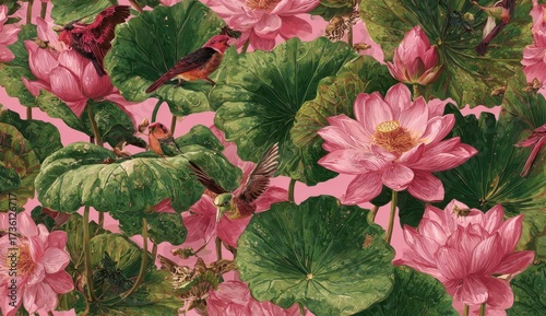 A vibrant, detailed design of pink lotuses, lush green leaves, and colorful birds in a tropical pond setting, showcasing a rich and exotic mood.
