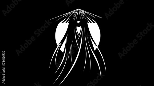 Stylized Graphic Illustration of a Mysterious Figure in a Conical Hat with Long Flowing Hair Against a Full Moon in Black and White