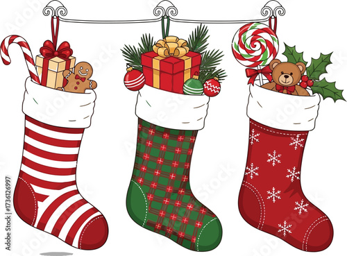 Three christmas stockings filled with gifts hanging on display