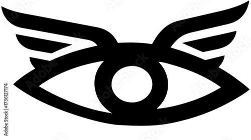 Abstract winged eye symbol in black, modern visionary graphic icon, artistic design representing insight, freedom, and spiritual perception.