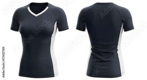 Women volleyball jersey and sport jersey in navy with white side panels, isolated mockup on white background, plain athletic template for training, fitness, and competition.