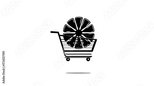 Black and white vector icon of a shopping cart with a sliced citrus fruit, representing healthy food and grocery shopping.