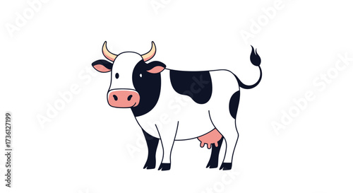 A cartoon cow with black and white spots stands with its tail swishing.