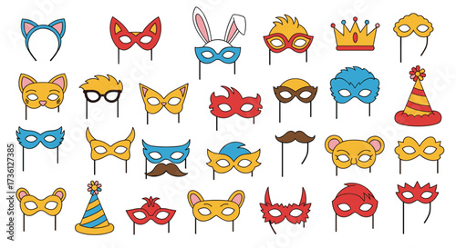 Collection of various colorful party masks and props for celebrations.