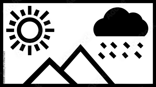 Weather forecast icon depicting diverse conditions: bright sun over mountains and rainy storm clouds with raindrops over peaks. Climate graphic.
