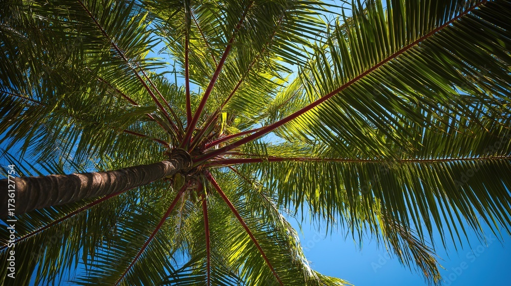 Fototapeta premium Close-up underlit palm tree with long red and green leaves from below, set against clear blue sky, emphasizing tropical beauty and texture for eco-design or botanical projects.