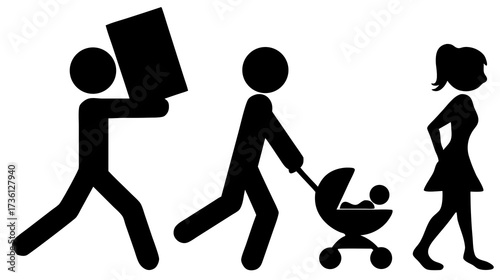 Diverse stick figures depicting family life, including a person moving with a box, a father pushing a baby stroller, and a woman walking, in a minimalist vector style.