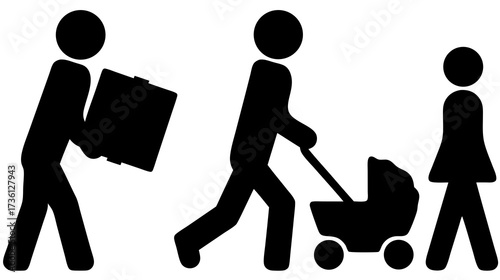 Silhouettes of people performing daily activities: person carrying box, man pushing stroller, and woman walking. Generic vector icons.