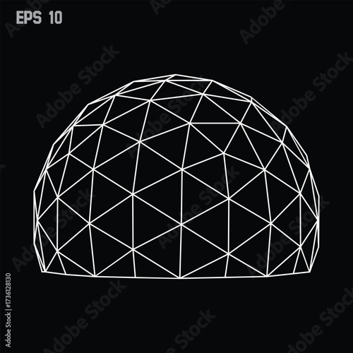 Geodesic Dome Wireframe Vector – Abstract Geometric Sphere and Hemisphere Structure, Futuristic Architectural Design, Polygon Mesh Illustration for Engineering, Science, and Modern Graphics