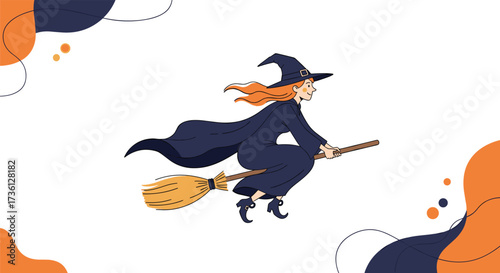 A whimsical witch flies through the night sky on her broomstick.