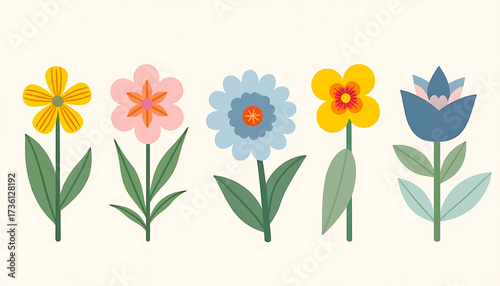 Five Stylized Colorful Flowers Illustration with Flat Design Aesthetic on a Cream Background, simple, cute, kids, baby                                