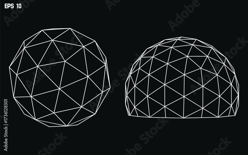 Geodesic Dome Wireframe Vector – Abstract Geometric Sphere and Hemisphere Structure, Futuristic Architectural Design, Polygon Mesh Illustration for Engineering, Science, and Modern Graphics