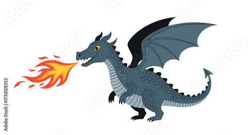 A fierce grey dragon breathes fire with large wings spread wide.