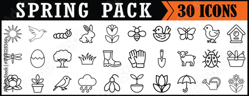 Spring outline icons pack with seasonal symbols, Line art spring icon set .
, 