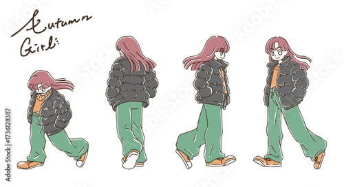 カジュアルな秋のストリートファッション（ダウンジャケット）で歩く若い女性のイラストセット