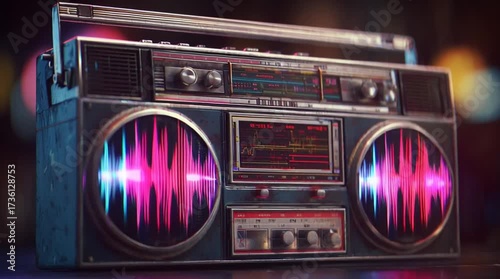 Retro vintage boombox radio with colorful sound wave display glowing speakers