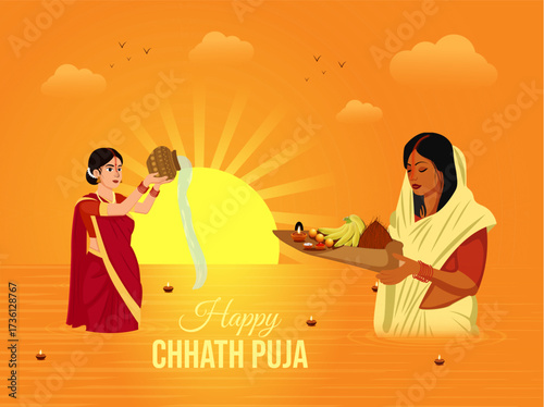 Happy Chhath Puja with Indian women standing in river holding full worship soop,  beautiful sunrise early morning background design, Vector Illustration.