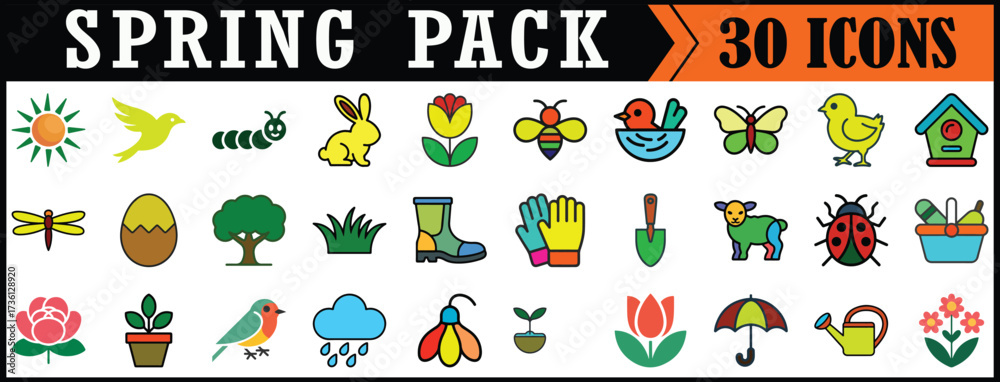 Fototapeta premium Spring icons pack with flowers and animals. 