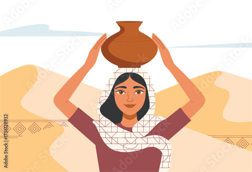 African Woman Carrying Water Pot in Desert Landscape, Illustrating Tradition, Culture and Resilience in Arid Regions with Flat Vector Style and Earthy Colors.
