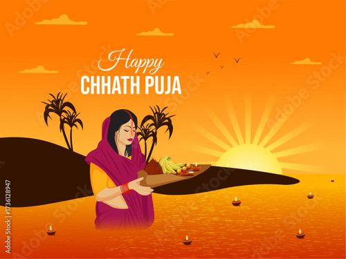 Happy Chhath Puja with Indian woman standing in river holding full worship soop,  beautiful background design, Vector Illustration.