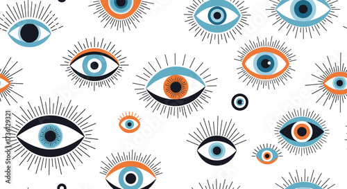 A pattern of abstract eyes with radiating lines in blue orange and black