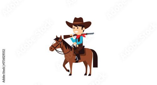 A cowboy riding a horse with a rifle across his shoulders.