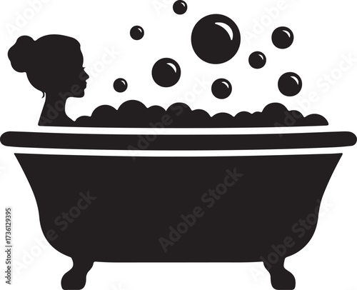 Woman in Bathtub Silhouette Bubble Bath Spa Relaxation and Self-Care