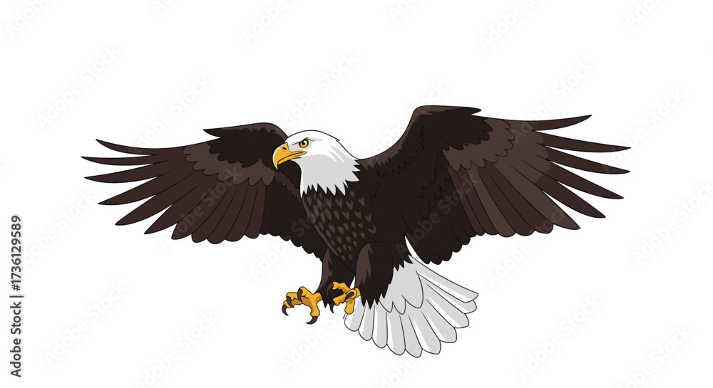 Obraz premium Majestic bald eagle soaring with wings spread wide in flight.