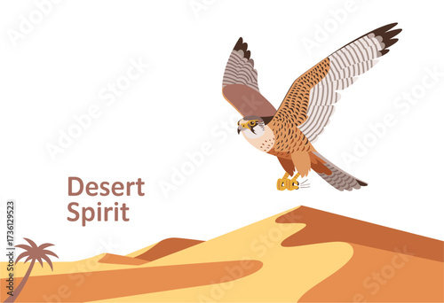 Desert Falcon Soaring Above Sand Dunes: Illustration of a majestic falcon flying over a minimalist desert landscape with sand dunes and a solitary palm tree.