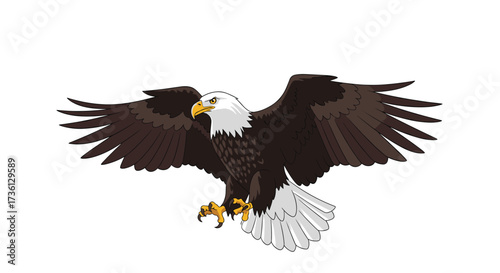 Majestic bald eagle soaring with wings spread wide in flight.