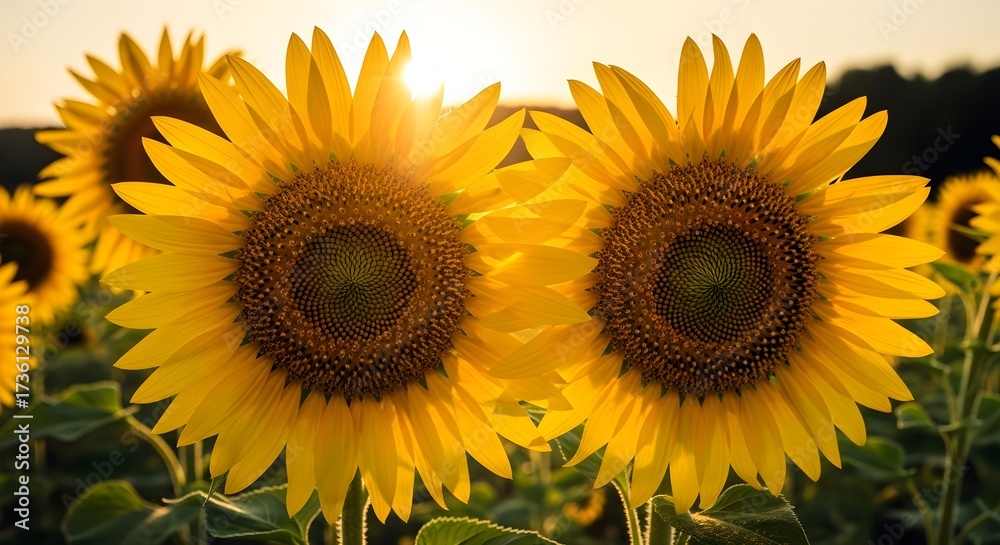 Obraz premium Two Sunflowers in a Field at Sunset.