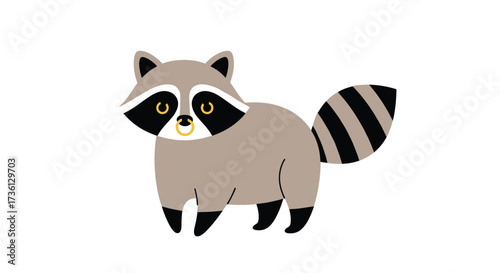 A cute cartoon raccoon with striped tail and nose ring stands on a white background.
