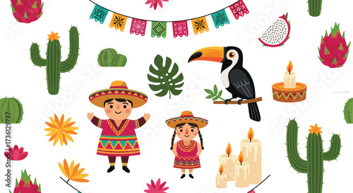 A festive and colorful collection of Mexican cultural icons and tropical elements