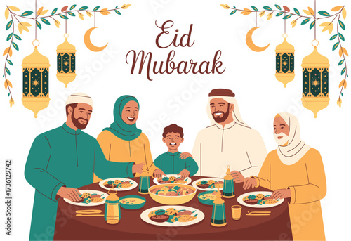 Warm Eid Mubarak Celebration: A Muslim Family Sharing Festive Meal with Traditional Lanterns and Crescent Moon Decorations, Representing Togetherness, Joy, and Cultural Richness