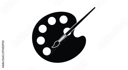 Black and white illustration of an artists palette with a paintbrush
