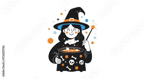 A cute witch preparing a Halloween potion with her magic wand.