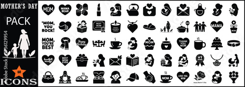 Black and white Mother’s Day icons vector set.
