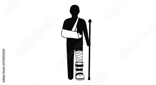 Silhouette of injured person with cast and crutch
