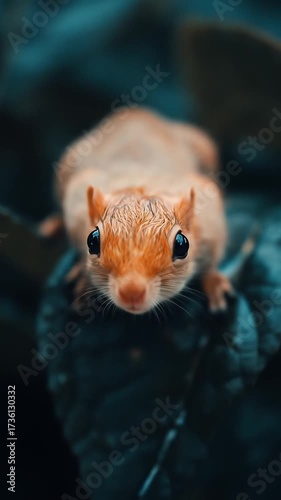 A close-up shot features a squirrel perched on a leaf with a blurred, teal-toned background