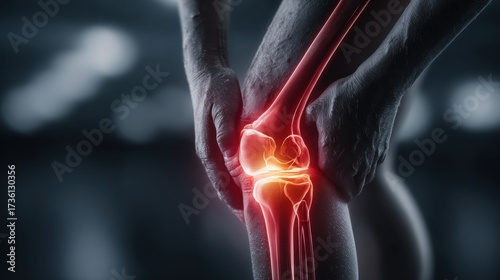 Close-up of aged hands pressing on a glowing knee joint. Concept of osteoarthritis, chronic pain, inflammation and physical health issues.