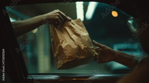 Close-up of hands passing a paper takeout bag through a car window at night. Concept of fast food delivery, drive-thru service and convenience.