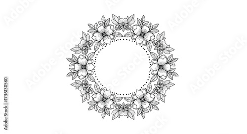 A beautiful black and white floral mandala design with intricate patterns and delicate details.
