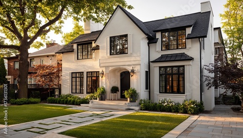 a photo of the exterior front view, showcasing a modern and elegant two-story house with white walls, black windows, and stone accents in toronto's upscale neighborhood.
