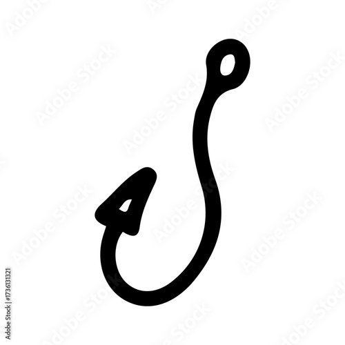 Fishing hook. Hand drawn doodle vector. Spinning rod equipment for catching fish seafood. Lake camping. Fishery gear. Line art illustration.