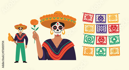 Day of the dead celebration with decorated skulls and traditional paper flags.