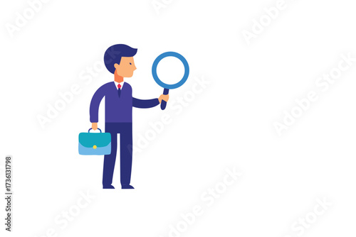 Businessman holding a briefcase and a magnifying glass searching for opportunity